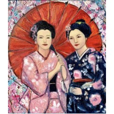 Geishas in the Blooming Sakura Garden – Original Oil Painting on Canvas, 40×50 cm | Artist Marina Stognieva